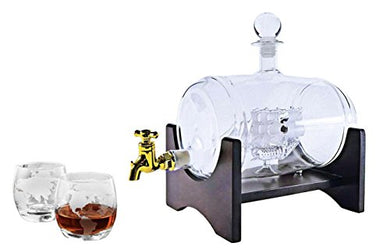 40 Oz 'Barrel' Liquor Decanter Ship, Wooden Stand, Bar Funnel, 2 Globe Glasses