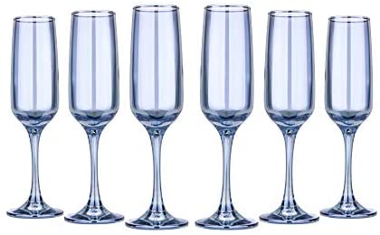 Crystal Champagne Stem Glasses with 6-pc Flutes Set, Blue Glassware
