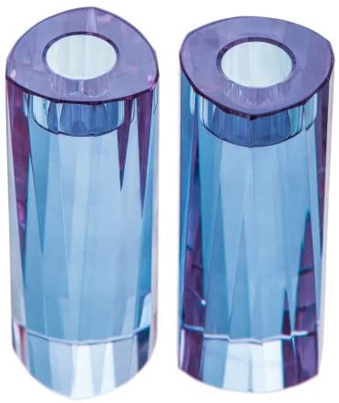 (D) Judaica Candlestick Triangle Crystal Blue Candle Holders Jewish Set 2pc