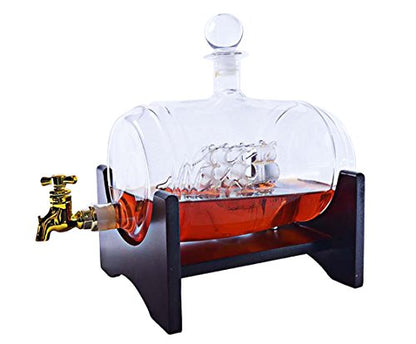 40 Oz 'Barrel' Liquor Decanter Ship, Wooden Stand, Bar Funnel, 2 Globe Glasses