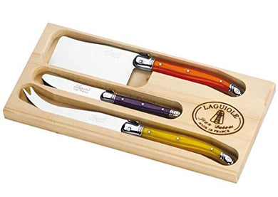(D) Laguiole Hand Made French Cheese Set in Tray 3pc Vintage (Fruity Handles)