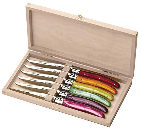 Six Laguiole French handmade steak knives with vintage multicolor handles displayed in an open keepsake gift box