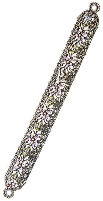 (D) Judaica Silver Jeweled Enamel Flower Mezuzah with Yellow Stones 7.3''