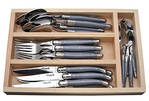(D) Laguiole Flatware, Everyday Flatware Set in a Tray 24-pc (Gray Handles)