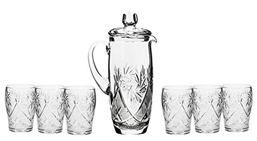 Set of 7 35-Oz Hand Made Vintage Cut Crystal Beverage Carafe with 6 Tumblers