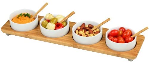 Four-bowl in-line serving platter with coordinating spoons in a neutral palette for elegant party entertaining