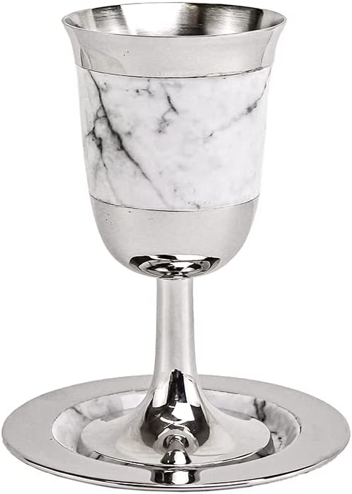 (D) Majestic Judaica Enamel Kiddush Cup with Saucer (White)