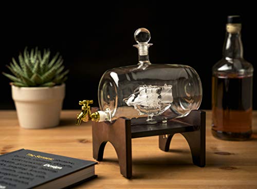 Denizli Spirits 40 Oz Handmade Barrel Decanter Wooden Stand Classical