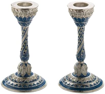 (D) Judaica Candlestick Blue Enamel and Jeweled with Tiny Blue, Candle Holders