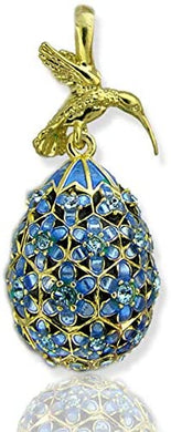 (D) Religious Gifts Enamel Faberge Style Silver Egg with Swarovski Crystals Blue