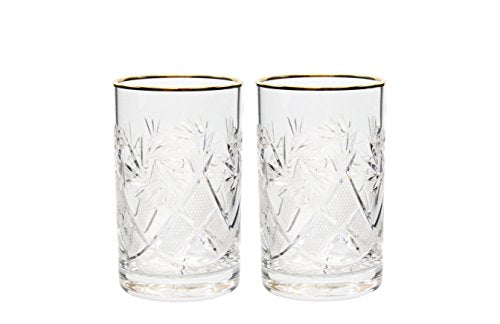 Set of 2 Crystal Glasses for Coffee or Tea with Vintage Cut Design and Gold Rim 8 oz
