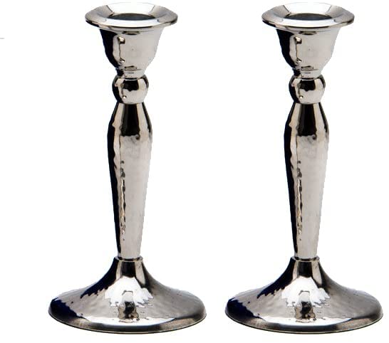 (D) Stainless Steel Candlesticks with A Blue Velvet Box Judaica Shabbat Collection