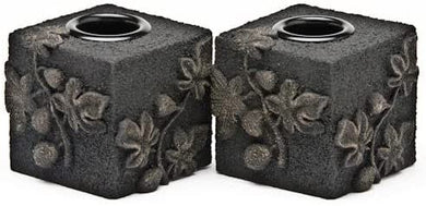 (D) Judaica Black Lava Figs Shabbat Stone Candle Holder Set of 2 Pc Home Decor