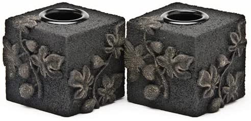 (D) Judaica Black Lava Figs Shabbat Stone Candle Holder Set of 2 Pc Home Decor