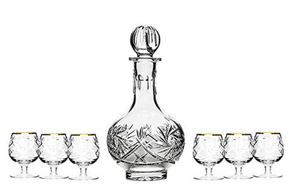 Set of 7 12-Oz Hand Made Vintage Crystal Liquor Decanter Set with 6 Shot Glasses