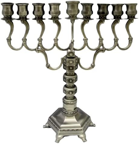 (D) Judaica Old Style Pewter Menorah, Chanukah Traditional Decor 14''