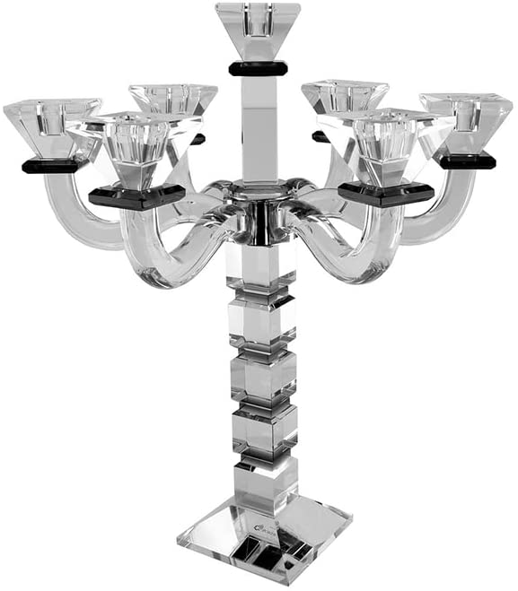 (D) Judaica Crystal Candelabra Square Design 7 Arm Candle Holder (Black)