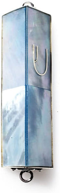 (D) Judaica Sterling Silver Mezuzah Case Triangle 3 inch (Blue Mother of Pearl)