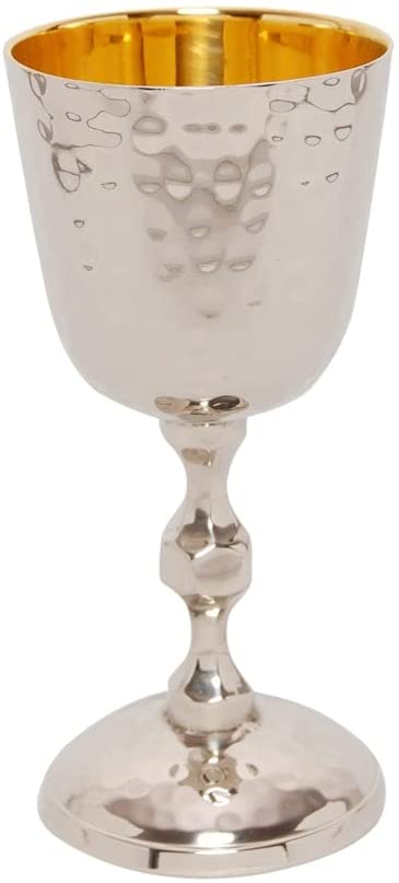 (D) Judaica Brass Kiddush Cup Silver Hammered with Gold Inner 5 In For Passover