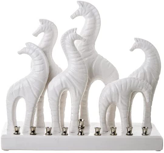 (D) The Zambian Zebras Menorah White Ceramic Candle Holder Hanukkah Decor