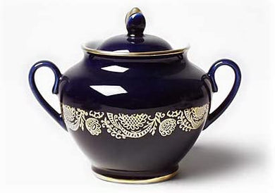 (D) Royalty Porcelain Lomonosov Cobalt Blue 'Golden Frieze' Sugar Bowl