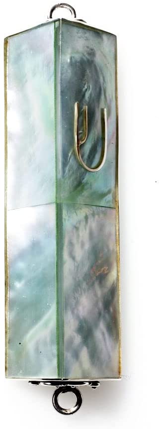 (D) Judaica Sterling Silver Mezuzah Case Triangle 3 inch (Green Mother of Pearl)