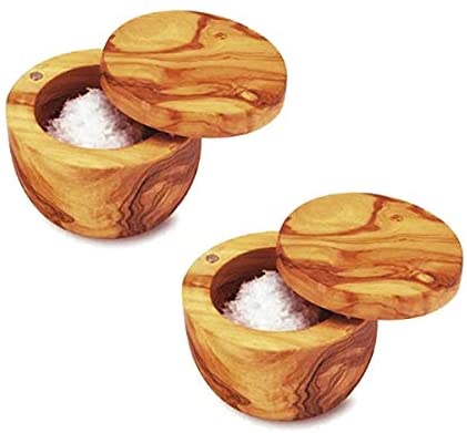 (D) Salt Cellar with Lid Wooden Bowl Berard French Made - Vintage (2 PC)