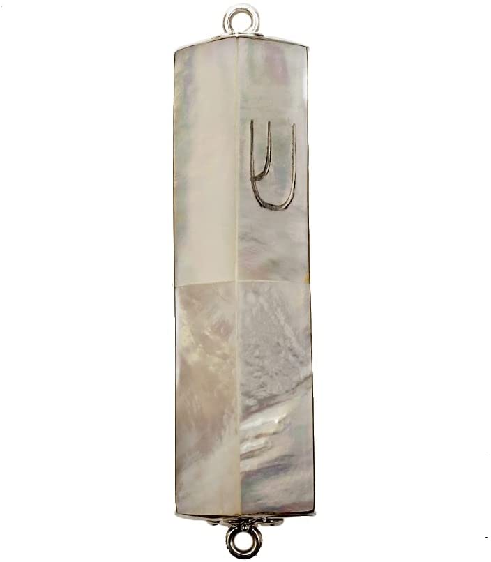 (D) Judaica Sterling Silver Mezuzah Case Triangle 3 inch (White Mother of Pearl)