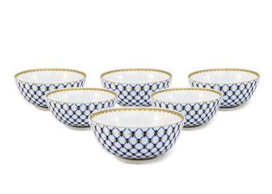 Royalty Porcelain 6-pc White Blue 'Villa Azure' Floral Set of Bowls for 6, 24K