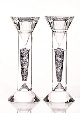 (D) Beautiful Crystal Candlestick with Sterling Rose Decor Judaica Holders 2 pc