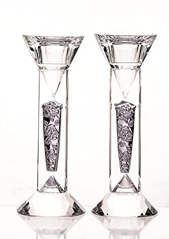 (D) Beautiful Crystal Candlestick with Sterling Rose Decor Judaica Holders 2 pc