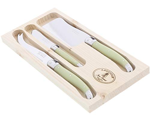 (D) Laguiole Hand Made French Cheese Set in Tray 3pc Vintage (Green Handles)