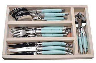 (D) Laguiole Flatware, Everyday Flatware Set in a Tray 24-pc (Turquoise Handles)