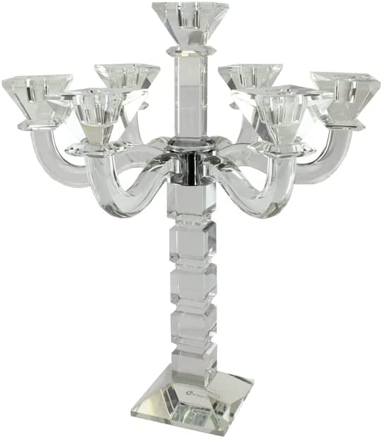 (D) Judaica Crystal Candelabra Square Design 7 Arm Candle Holder (Clear)