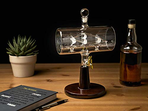 Large Decanter Set – Whiskey Decanter with Wooden Stand, 2 Etched Globe Whiskey Glasses, and Funnel – Elegant Liquor Dispenser for Spirits