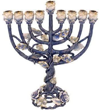 (D) Judaica Jeweled Blue Menorah with Roses Blue Chanukah Holiday Decor