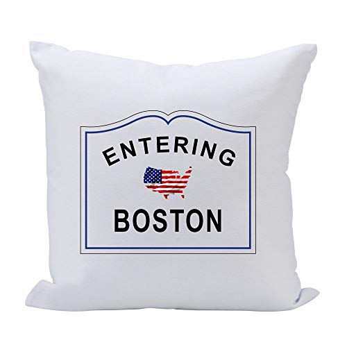 (D) Sofa Throw Pillow, White with USA Map and Words Boston, Keepsake for Tourist