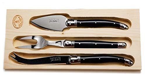 (D) Laguiole Hand Made French 3pc Parmesan Cheese Set with Black Handles Vintage