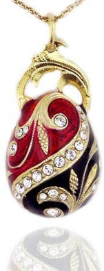 (D) Enamel Faberge Style Silver Egg Pendant with Swarovski (Red Black)