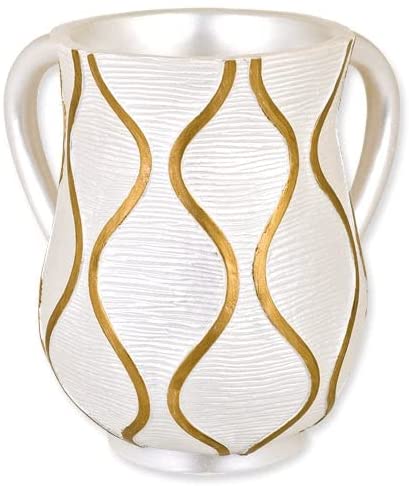 (D) Judaica Gold White Pattern Design Wash Cup with 2 Handles