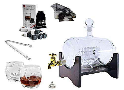 Large Handmade Whisky Dispenser Liquor Etched Decanter and Globe Glasses Mega Set