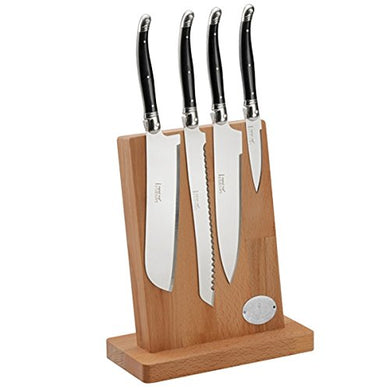 (D) Laguiole French Knife Set on Magnetic Block 4pc, Vintage (Black)