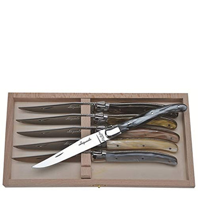 (D) Laguiole French Hand Made Steak Knives in a Clasp Box 6pc, Vintage (Mineral)