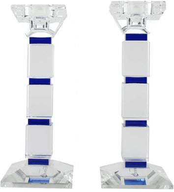 (D) Judaica Crystal Candle Sticks Square Design Set of 2 Candle Holders (Blue)