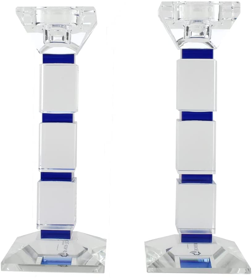 (D) Judaica Crystal Candle Sticks Square Design Set of 2 Candle Holders (Blue)