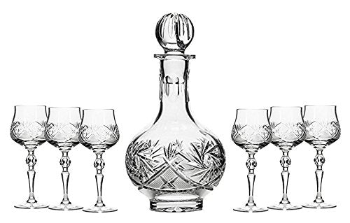 Set of 7 12-Oz Cut Crystal Decanter Set with 6 Sherry Glasses, Russian Carafe