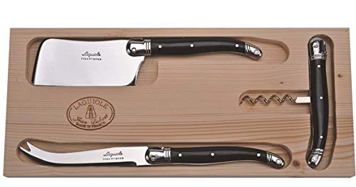 Laguiole 3-piece black handmade cheese and wine set with cleaver, cheese knife, and corkscrew displayed together