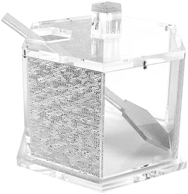 (D) Judaica Honey Dish with Lid and Spoon Acrylic Hexagon (Silver)