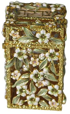(D) Judaica Jeweled Tzedukah Box Flowers 4'' (Gold)