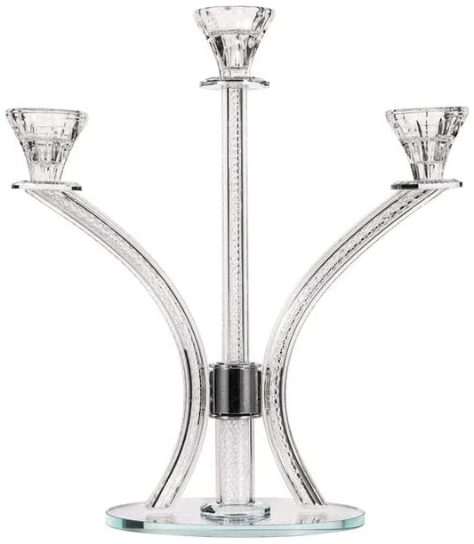 (D) Judaica Crystal Candelabra with Inner Net Design 3 Arms Candle Holder